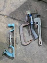 Hand Tools Including C-Clamp, Pipe Wrench, Hatchet, and Wood Rasp