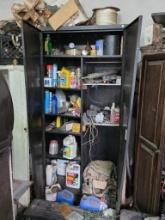 Black Metal Two-Door Storage Cabinet With Contents