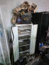 White Two-Door Metal Storage Cabinet with Contents