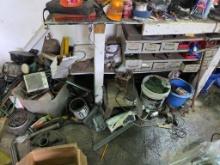 Workbench and Mixed Contents Including Tools, Hardware, and Scrap Materials