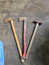Two Axes and One Sledgehammer with Wooden and Fiberglass Handles