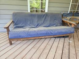 Wooden Frame Futon With Blue Cushion, Measures 81 X 34 X 31