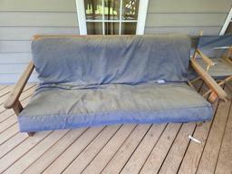 Wooden Frame Futon With Blue Cushion, Measures 81 X 34 X 31
