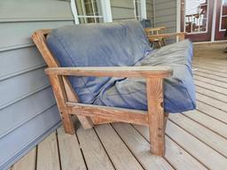 Wooden Frame Futon With Blue Cushion, Measures 81 X 34 X 31