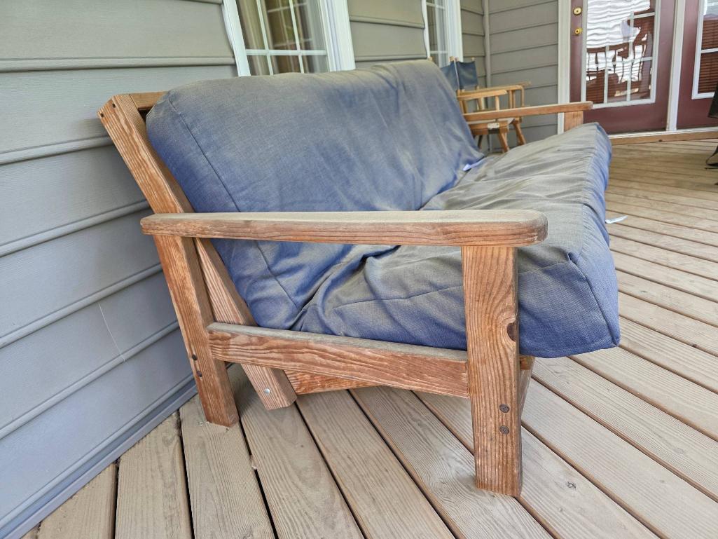 Wooden Frame Futon With Blue Cushion, Measures 81 X 34 X 31