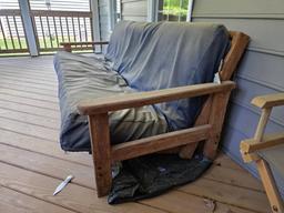 Wooden Frame Futon With Blue Cushion, Measures 81 X 34 X 31
