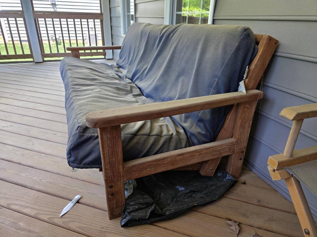 Wooden Frame Futon With Blue Cushion, Measures 81 X 34 X 31