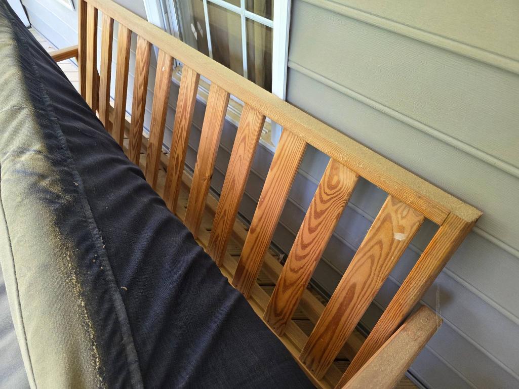 Wooden Frame Futon With Blue Cushion, Measures 81 X 34 X 31