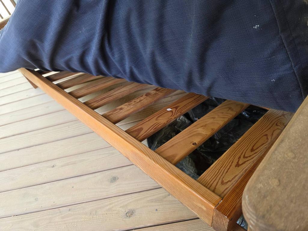 Wooden Frame Futon With Blue Cushion, Measures 81 X 34 X 31