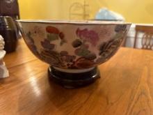 Hand-Painted Ceramic Bowl with Floral Motif and Wooden Stand, 12.5 in x 7 in