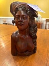 Carved Wooden Bust Sculpture of a Woman, 10.5 Inches Tall