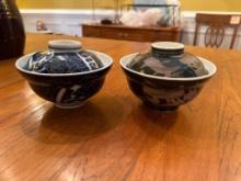 Two Lidded Ceramic Bowls with Abstract Designs