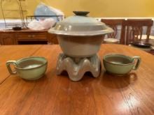Stoneware with Lid, Stand, and Two Cups, 10 Inches Tall
