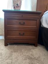 Wooden Two-Drawer Nightstand with Glass Top and Pull-Out Shelf