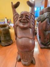 Hand-Carved Wooden Laughing Buddha Statue, 17.75 Inches