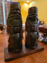 Wooden Carved Figures with Base, 16 1/4 x 6 1/4 x 17 1/2 Inches