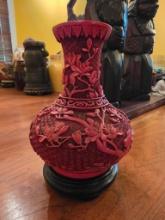 8-Inch Red Cinnabar Vase with Stand and Brass Interior