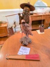 Carved Wooden Figure and Hand-Painted Fan, 2 Items