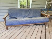 Wooden Frame Futon With Blue Cushion, Measures 81 X 34 X 31