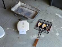 Three Items: Fish Grilling Basket, Chafing Dish with Aluminum Tray, and Electric Grill