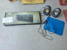 Electronics Lot with Adesso Keyboard, ONN USB Speakers, and Mouse Pad