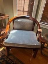 Mahogany Armchair With Upholstered Seat and Backrest Featuring Embroidered Symbol