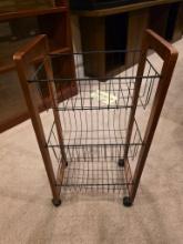 Wood and Metal Rolling Shelf Unit with Wire Baskets