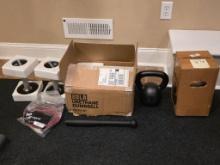 Rogue Fitness Equipment Set Including Dumbbells, Kettlebell, and Jump Rope
