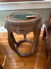 Carved Wooden Side Table with Green Stone Top
