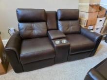 Two-Seat Brown Reclining Sofa with Cup Holders and Power Controls