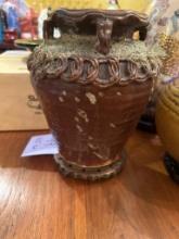 Brown Ceramic Decorative Vase with Openwork Base, 11 1/4 Inches Tall