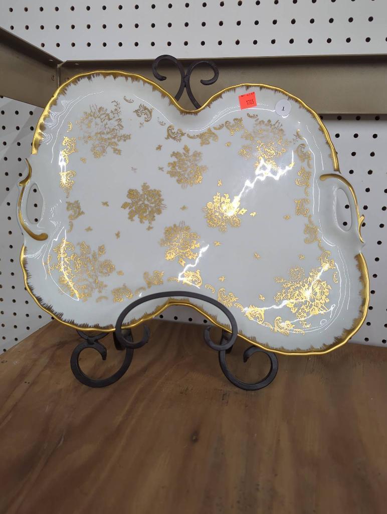 French Hand-Painted Porcelain Plate with Metal Display Stand