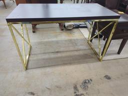 Black Top Desk with Gold Tone Metal Base, 27.5 x 23.5 x 49.5 in