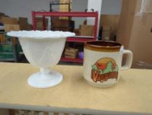 2 Items: Milk Glass Compote Dish and Virginia-Themed Mug