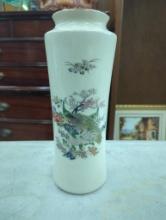 Decorative Ceramic Vase with Floral and Peacock Design, Approximately 12.5 Inches Tall