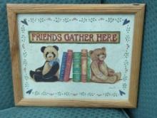 Framed Artwork Featuring Bears and Books With Friends Gather Here Text