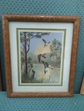 Framed Print of Ducks in Flight Over Lake With Wood Frame and Matte