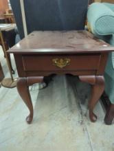 Mahogany-Style Side Table with Brass Hardware, Approximately 22x27x23 Inches