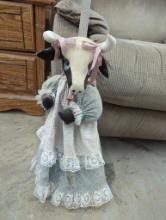 Handcrafted Cow-Themed Broom Holder with Fabric Dress and Ribbons