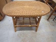 Woven Wicker Oval Table with Lower Shelf, 30 in x 18 in x 18 in