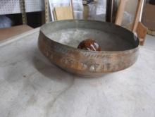 Decorative Metal Bowl With Carved Design and Stone-Like Object