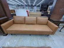 Brown Leather-Style Sofa with Three Cushions and Metal Legs
