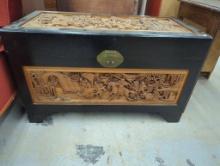 Intricately Carved Wooden Chest with Brass Hardware, Made in Hong Kong