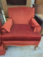 Upholstered Armchair with Red Fabric and Wooden Legs