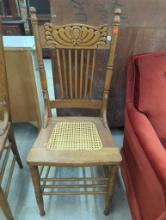 Oak Chair with Caned Seat and Carved Backrest, 16x15x40 Inches