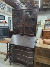 Wooden Secretary Desk with Hutch Featuring Glass-Paned Cabinet
