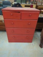 Red Wooden Five-Drawer Chest With Contents Included
