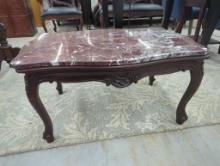 Carved Wood Coffee Table with Red Marble Top, 35 in x 24 in x 18 in