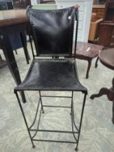 Black Metal Bar Stool with Leather Seat and Backrest