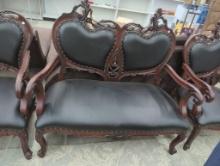 Carved Wood and Leather-Style Upholstered Settee Bench